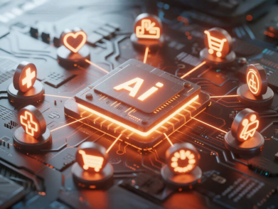 AI microchip on a circuit board with glowing connections to health, e-commerce, real estate etc